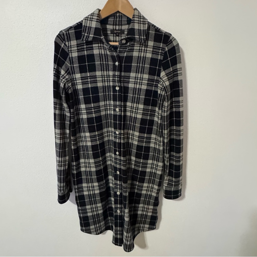 Quince Stretch Sweater Fleece Shirt Dress Black Check Plaid Mini 2024 X-Small